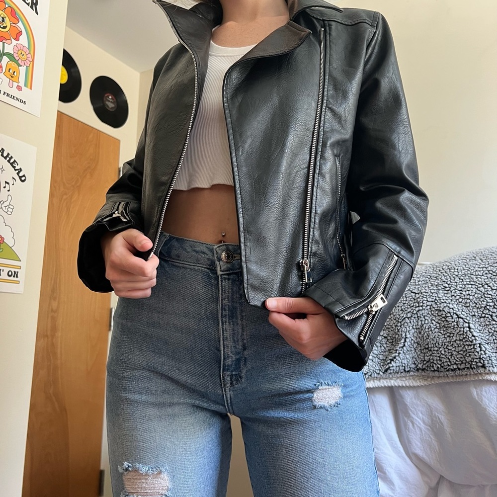 Black Cropped Faux Leather Jacket